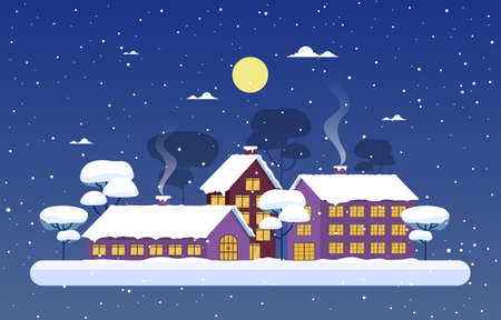 Winter Snow Tree Snowfall City House Landscape Illustrationのイラスト素材