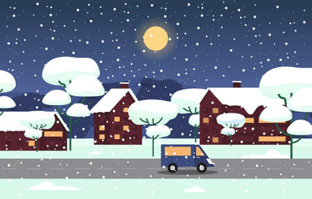 Winter Snow Tree Snowfall City House Landscape Illustrationのイラスト素材
