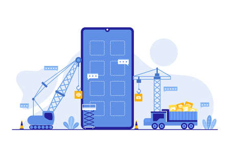Heavy Vehicle Build Mobile App Development Process Flat Illustrationのイラスト素材