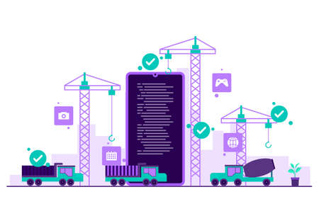 Heavy Vehicle Build Mobile App Development Process Flat Illustrationのイラスト素材