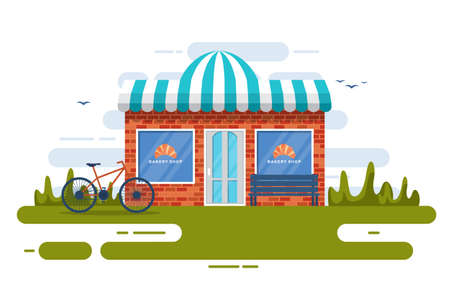 Showcase Bakery Shop Food Store Front Facade Cartoon Illustrationのイラスト素材