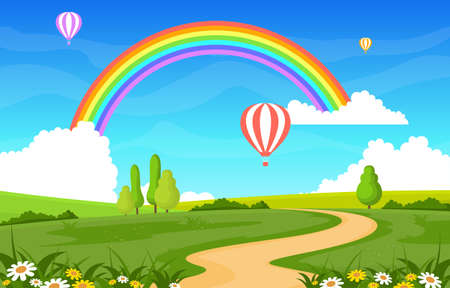 Winding Road Rainbow Nature Landscape Scenery Illustrationのイラスト素材
