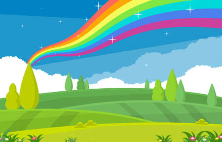 Beautiful Rainbow in Summer Nature Landscape Scenery Illustrationのイラスト素材
