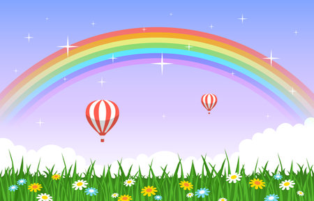 Beautiful Rainbow in Summer Nature Landscape Scenery Illustrationのイラスト素材