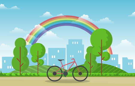 Beautiful Rainbow City Summer Cityscape Landscape Illustrationのイラスト素材
