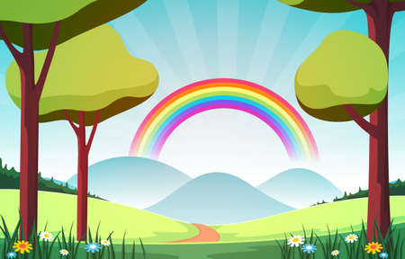 Beautiful Rainbow in Summer Nature Landscape Scenery Illustrationのイラスト素材