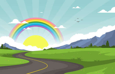 Winding Road Rainbow Nature Landscape Scenery Illustrationのイラスト素材