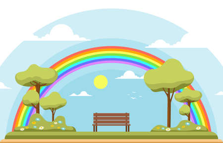 Beautiful Rainbow in Park Summer Nature Landscape Illustrationのイラスト素材