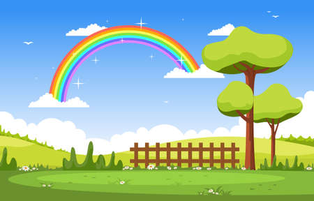 Beautiful Rainbow in Summer Nature Landscape Scenery Illustrationのイラスト素材