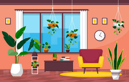 Tropical Houseplant Green Decorative Plant in Living Room Illustrationのイラスト素材
