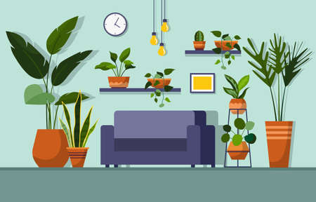 Tropical Houseplant Green Decorative Plant in Living Room Illustrationのイラスト素材