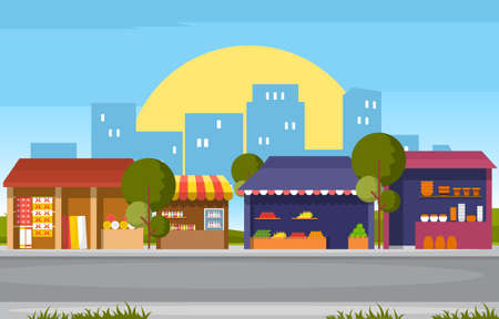 Roadside Fruit Vegetable Store Stall Stand Grocery in City Illustrationのイラスト素材