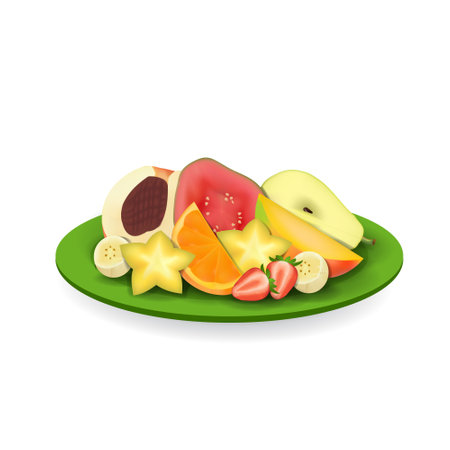 Realistic Natural Fresh Fruits on Plate Summer Isolated Vector Illustration 06のイラスト素材