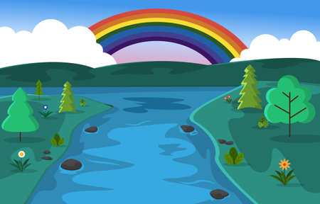 Beautiful Rainbow Summer Hills River Nature Landscape Illustrationのイラスト素材