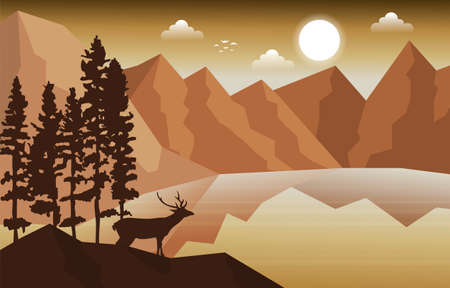 Deer Mountain Peak Pine Trees Nature Landscape Adventure Illustrationのイラスト素材