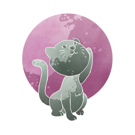 Cute Cat Kitten Rise Hand Moon Artistic Watercolor Art Style Illustrationのイラスト素材