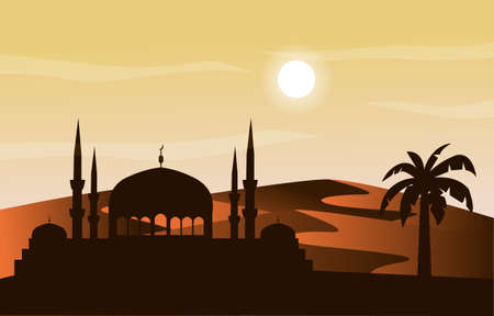Mosque Arabic Desert Muslim Eid Mubarak Islamic Culture Illustrationのイラスト素材