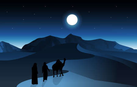 Night Arabic Desert Camel Caravan Muslim Islamic Culture Illustrationのイラスト素材