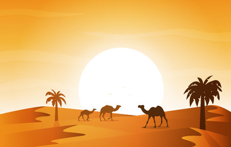 Sunset Arabic Desert Camel Caravan Muslim Islamic Culture Illustrationのイラスト素材
