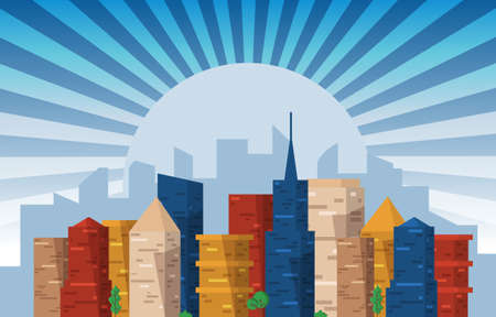 Day City Urban Skyscraper Building Cityscape View Flat Design Illustrationのイラスト素材