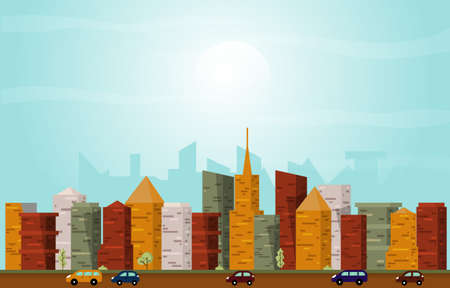 Traffic City Urban Skyscraper Building Cityscape View Flat Design Illustrationのイラスト素材