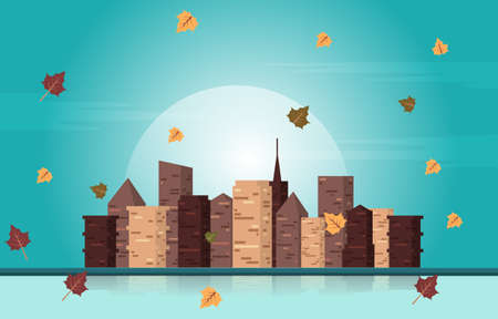 Afternoon Autumn Fall Season City Building Cityscape View Flat Design Illustrationのイラスト素材