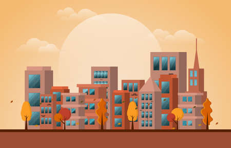 Afternoon Autumn Fall Season City Building Cityscape View Flat Design Illustrationのイラスト素材