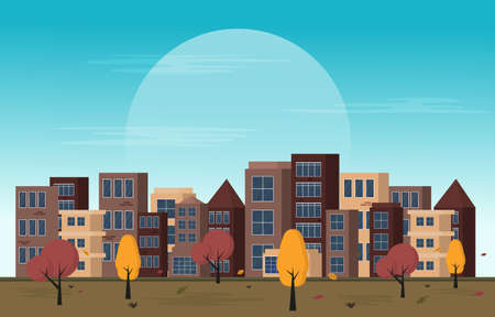 Autumn Fall Season City Park Building Trees Cityscape Flat Design Illustrationのイラスト素材