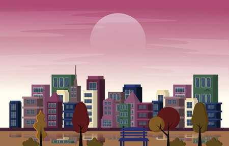 Autumn Fall Season City Park Building Trees Cityscape Flat Design Illustrationのイラスト素材