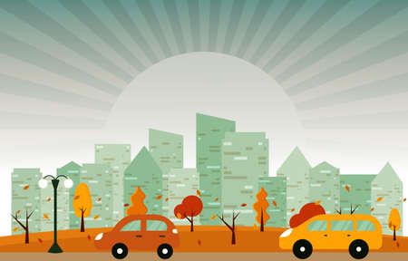 Autumn Fall Season City Street Building Cityscape View Flat Design Illustrationのイラスト素材