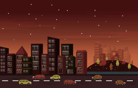Autumn Fall Season Night Traffic City Building Cityscape Flat Design Illustrationのイラスト素材