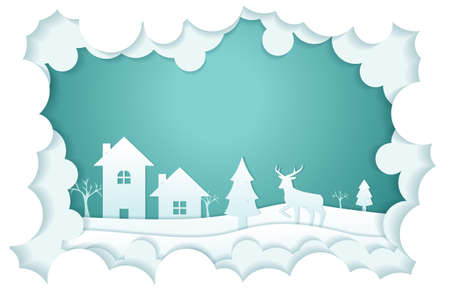 House Deer Tree Cloud Winter Papercut Paper Cut Style Illustrationのイラスト素材