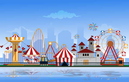Amusement Park Rides Fun Fair Carnival Flat Vector Illustrationのイラスト素材