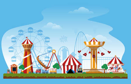 Fluid Amusement Park Fun Fair Carnival Flat Vector Illustrationのイラスト素材