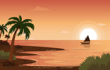 Boat Beach Landscape View Sea Vacation Holiday Tropical Vector Illustrationのイラスト素材