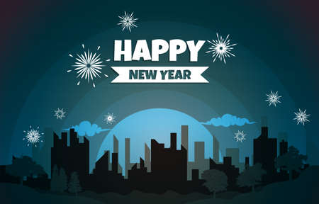 Night City Building Happy New Year Celebration Card Vector Illustrationのイラスト素材