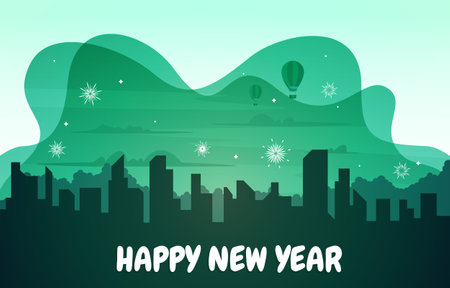 Night City Building Happy New Year Celebration Card Vector Illustrationのイラスト素材