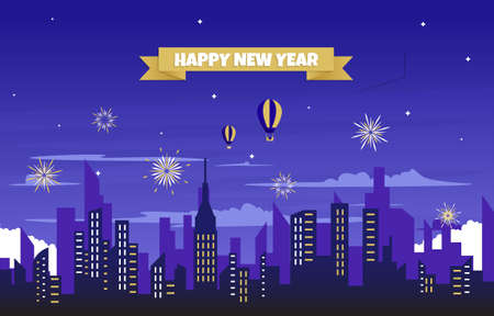 Night City Building Happy New Year Celebration Card Vector Illustrationのイラスト素材