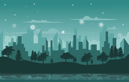 Snowfall City Building New Year Celebration Card Vector Illustrationのイラスト素材