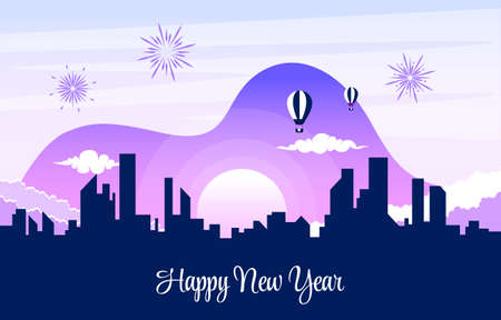 Cityscape City Building Happy New Year Celebration Card Vector Illustrationのイラスト素材