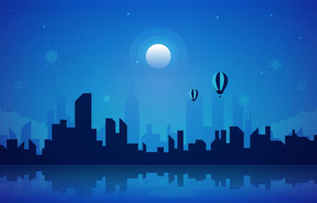 Night City Building Water Reflection New Year Card Vector Illustrationのイラスト素材