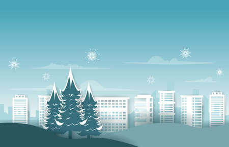 Fireworks City Building Pine Tree Winter New Year Paper Cut Illustrationのイラスト素材