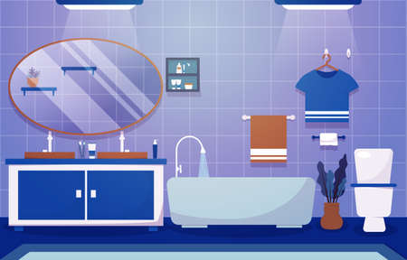 Clean Bathroom Interior Design Closet Bathtub Furniture Flat Illustrationのイラスト素材