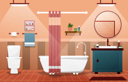 Clean Bathroom Interior Design Closet Bathtub Furniture Flat Illustrationのイラスト素材