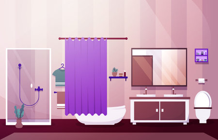 Clean Bathroom Interior Design Mirror Shower Furniture Flat Illustrationのイラスト素材