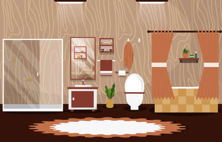 Clean Bathroom Interior Design Shower Bathtub Furniture Flat Illustrationのイラスト素材