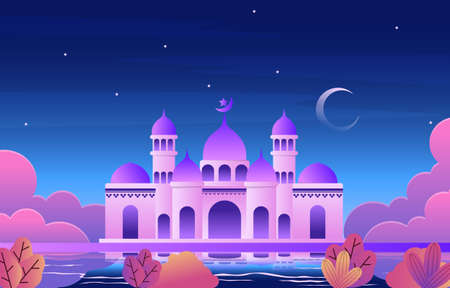 Night Mosque Ramadan Kareem Eid Mubarak Islamic Muslim Celebration Cardのイラスト素材