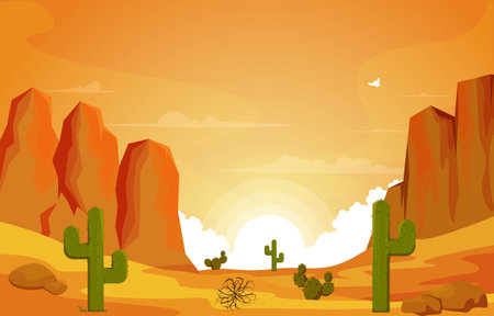 Sunrise Cliff Desert Country Cactus Travel Vector Flat Design Illustrationのイラスト素材