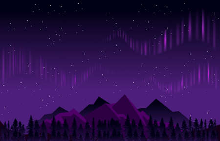 Beautiful Aurora Borealis Sky Light Pine Mountain Adventure Polar Landscape Illustrationのイラスト素材