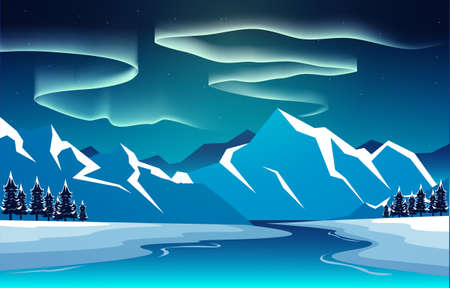 Beautiful Aurora Borealis Sky Light Snow Mountain River Polar Landscape Illustrationのイラスト素材